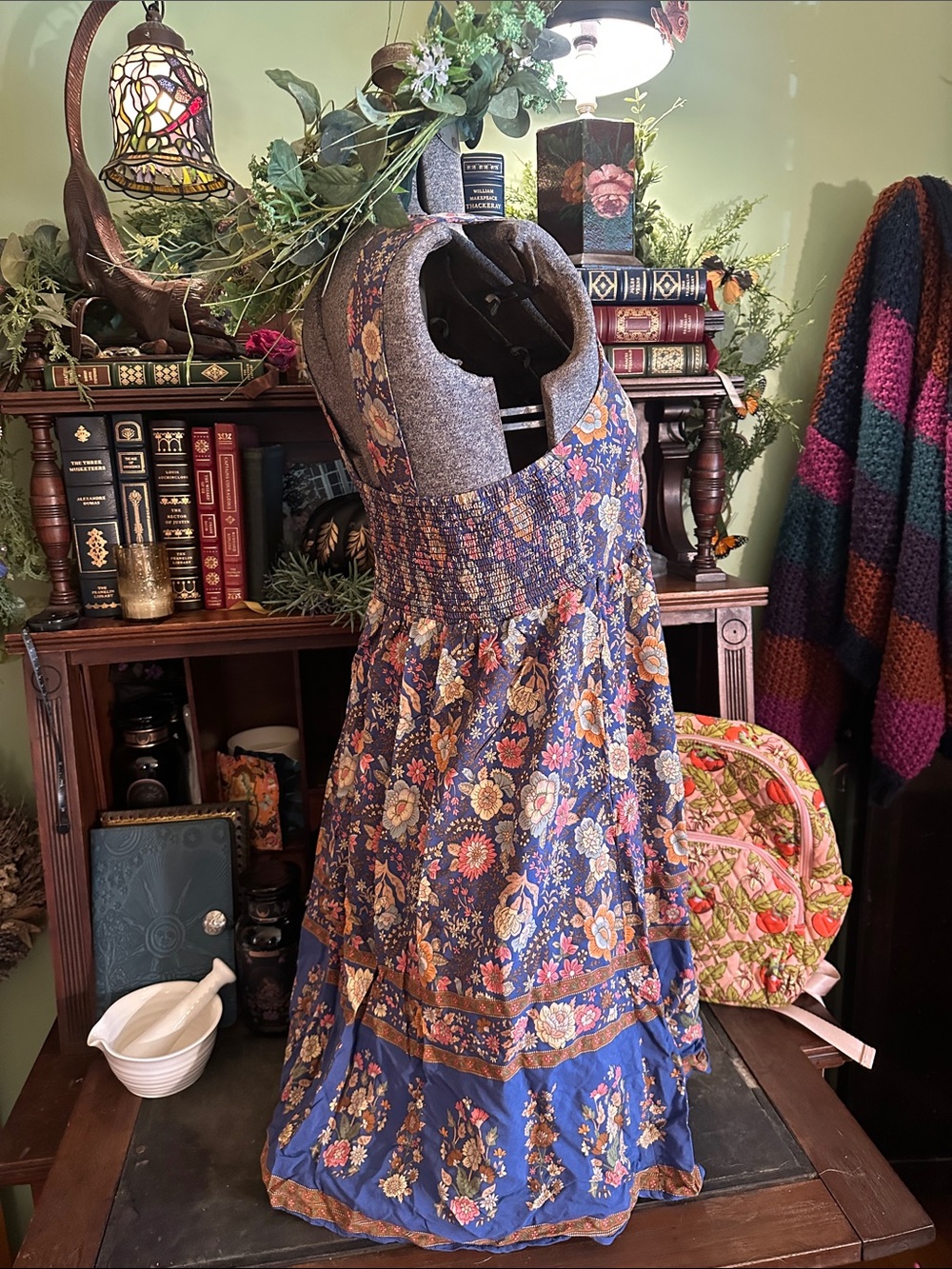 Natural Life Tricia Blue Garden Dress Floral Flower Colonial Blockprint M - Picture 9 of 11